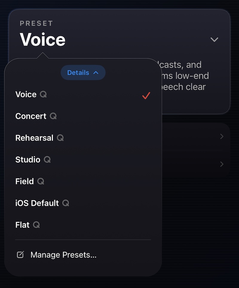 The Quartz preset picker open on the home screen, listing the built-in presets with Voice selected