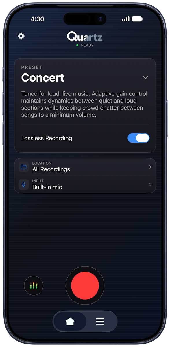 Quartz app showing the Concert recording preset on an iPhone