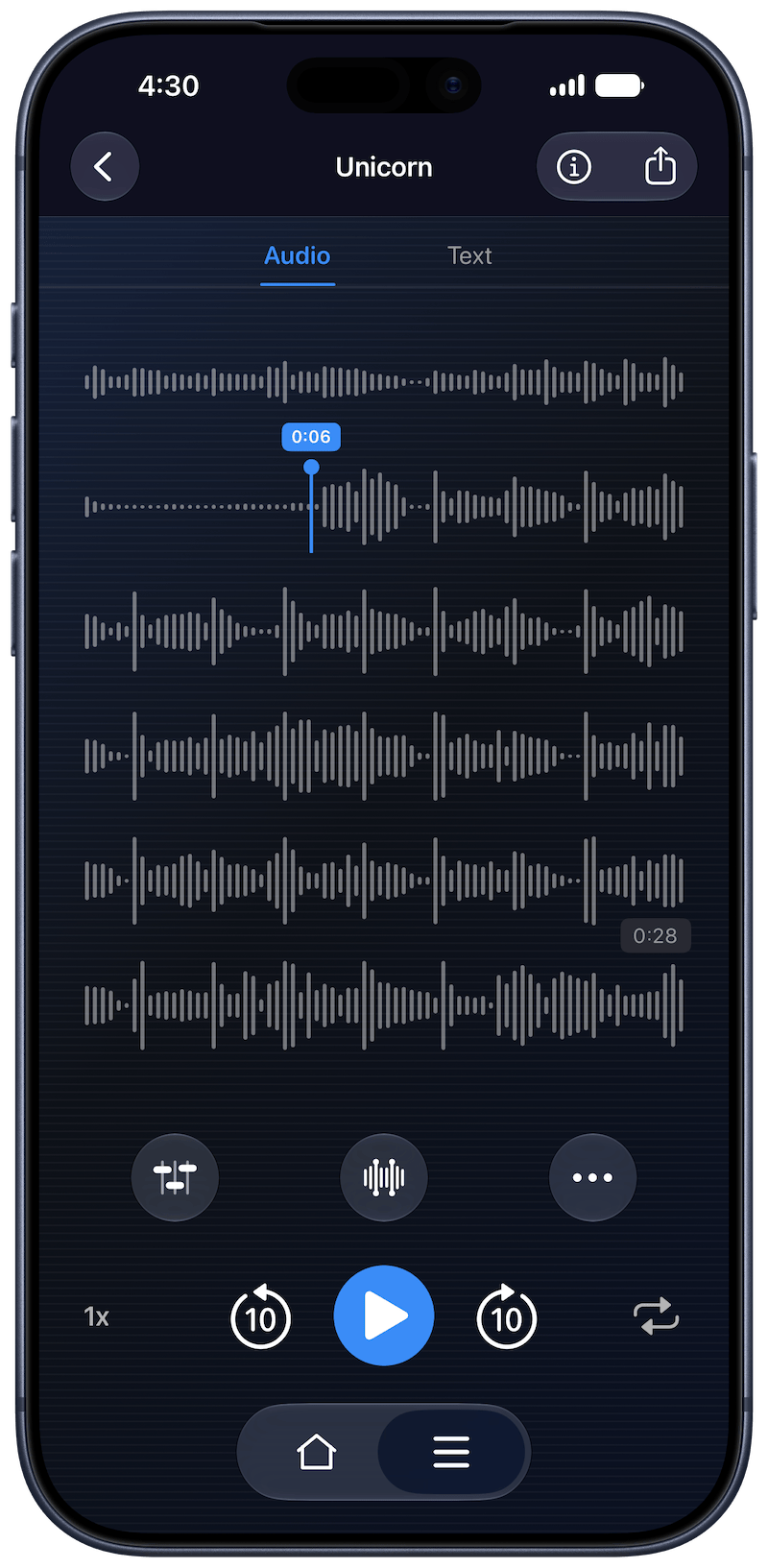 The Quartz playback and editing screen, showing a waveform, playback controls, and Audio and Text tabs