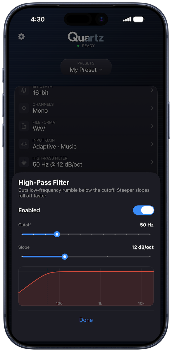 Quartz high-pass filter settings showing cutoff, slope, and a live response curve
