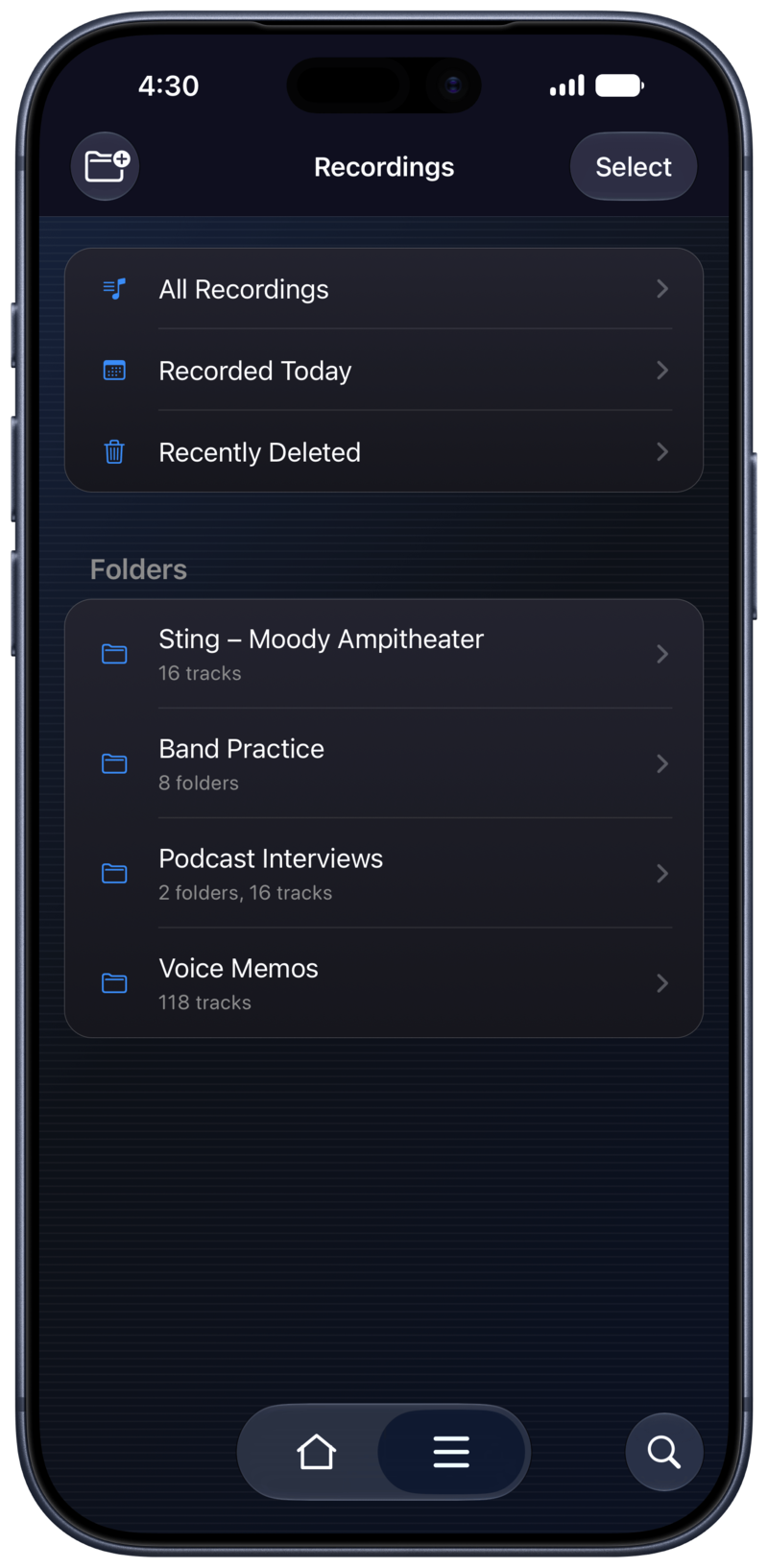 The Quartz library, with quick views like All Recordings and Recently Deleted above a list of folders