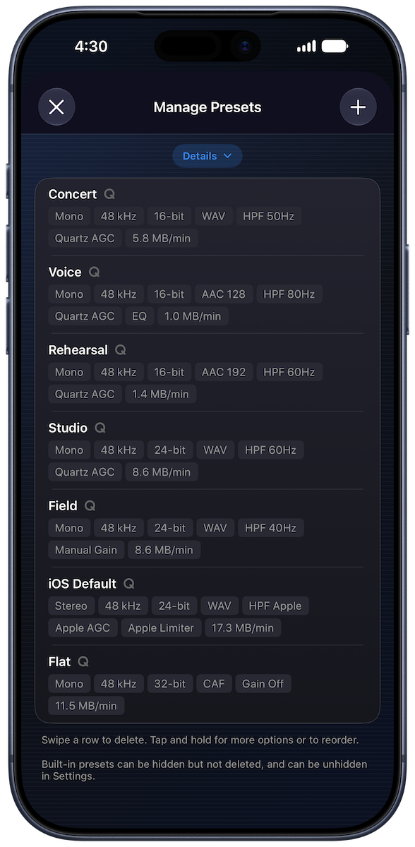 Quartz preset library listing Concert, Voice, Rehearsal, Studio, Field and more