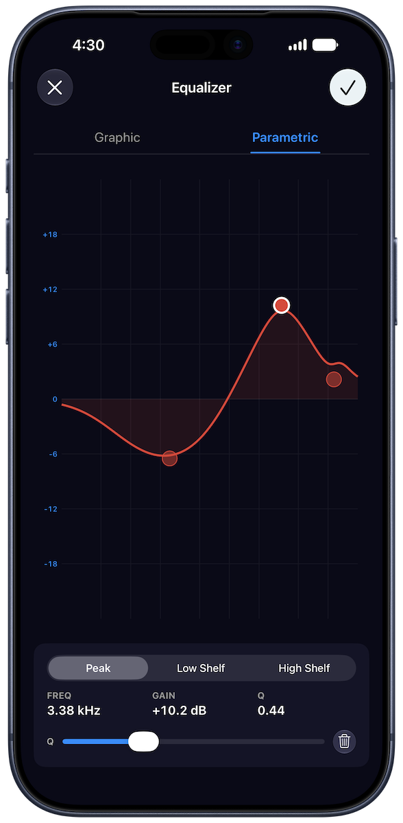 Quartz parametric equalizer with an interactive frequency response graph