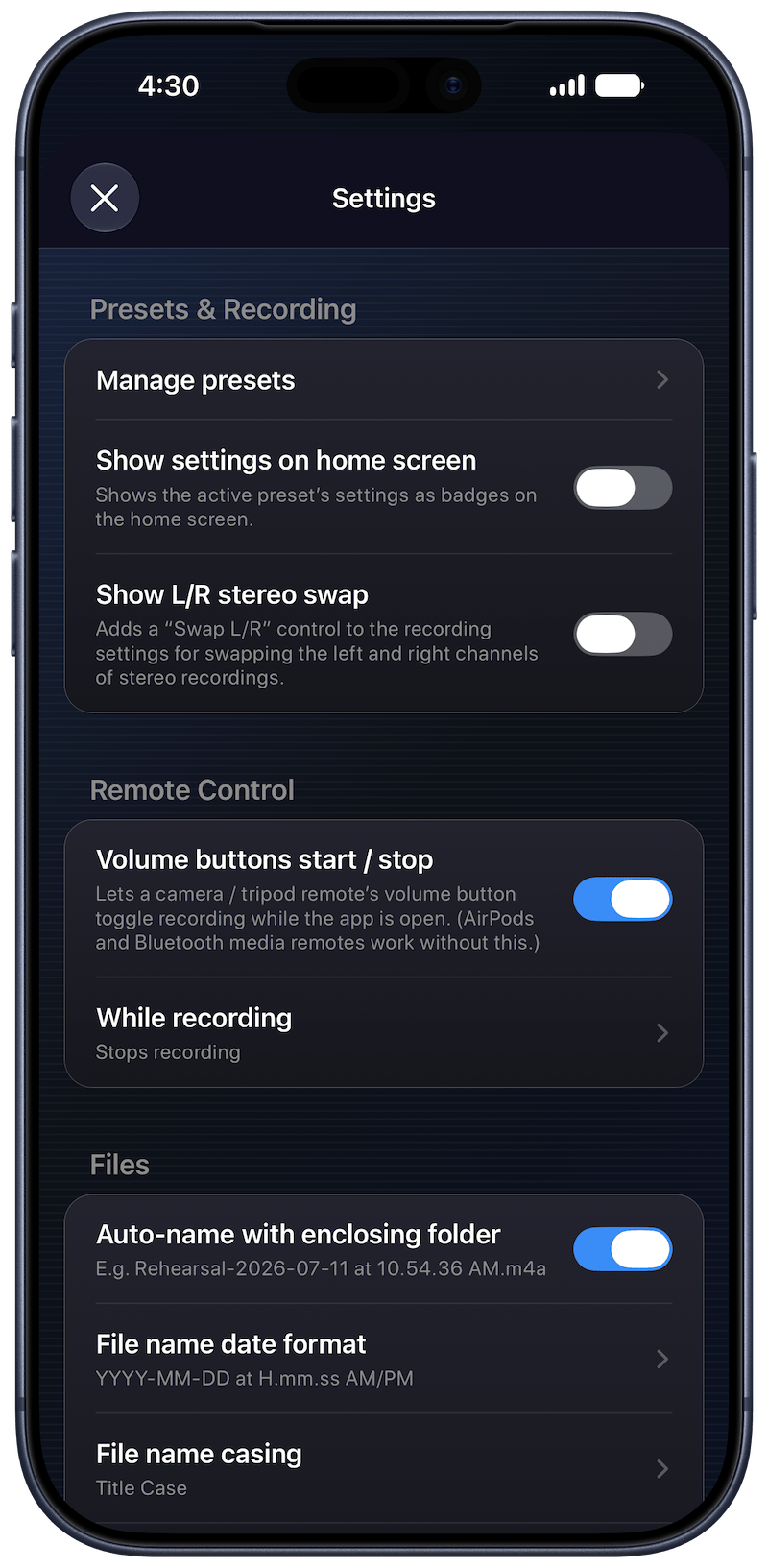 The Quartz Settings screen, with Presets & Recording, Remote Control, and Files groups