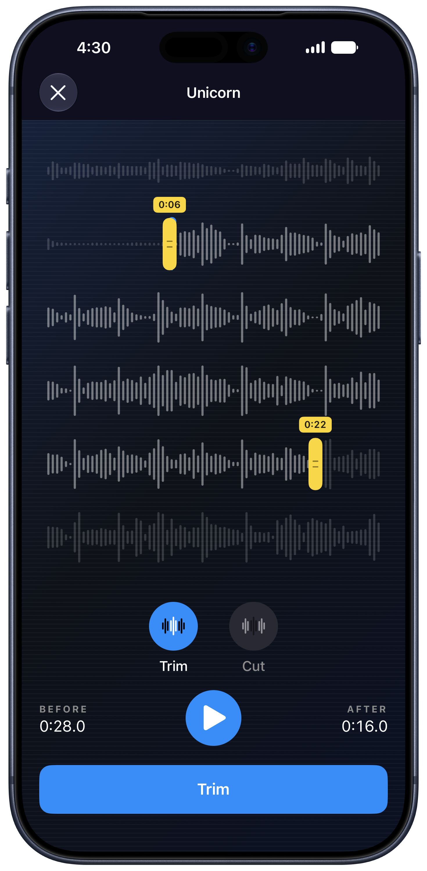 Quartz waveform editor trimming a recording