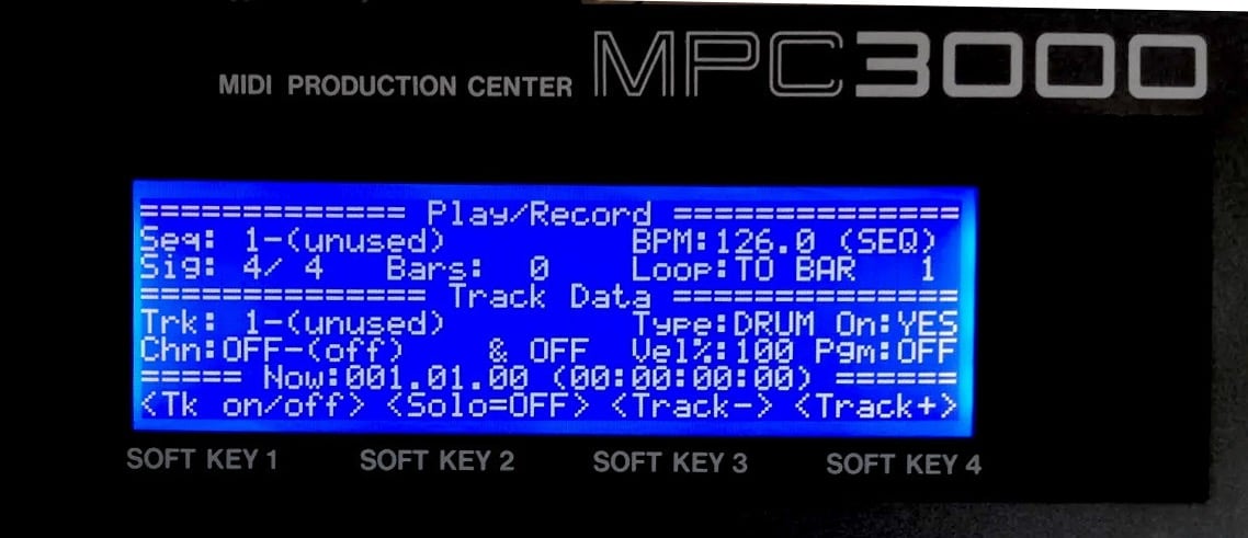 Akai MPC-3000 display showing tempo