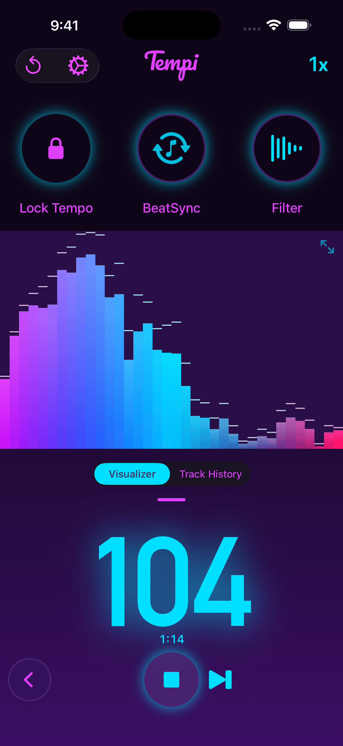 DJ mode showing track history graph with multiple tracks at different BPMs