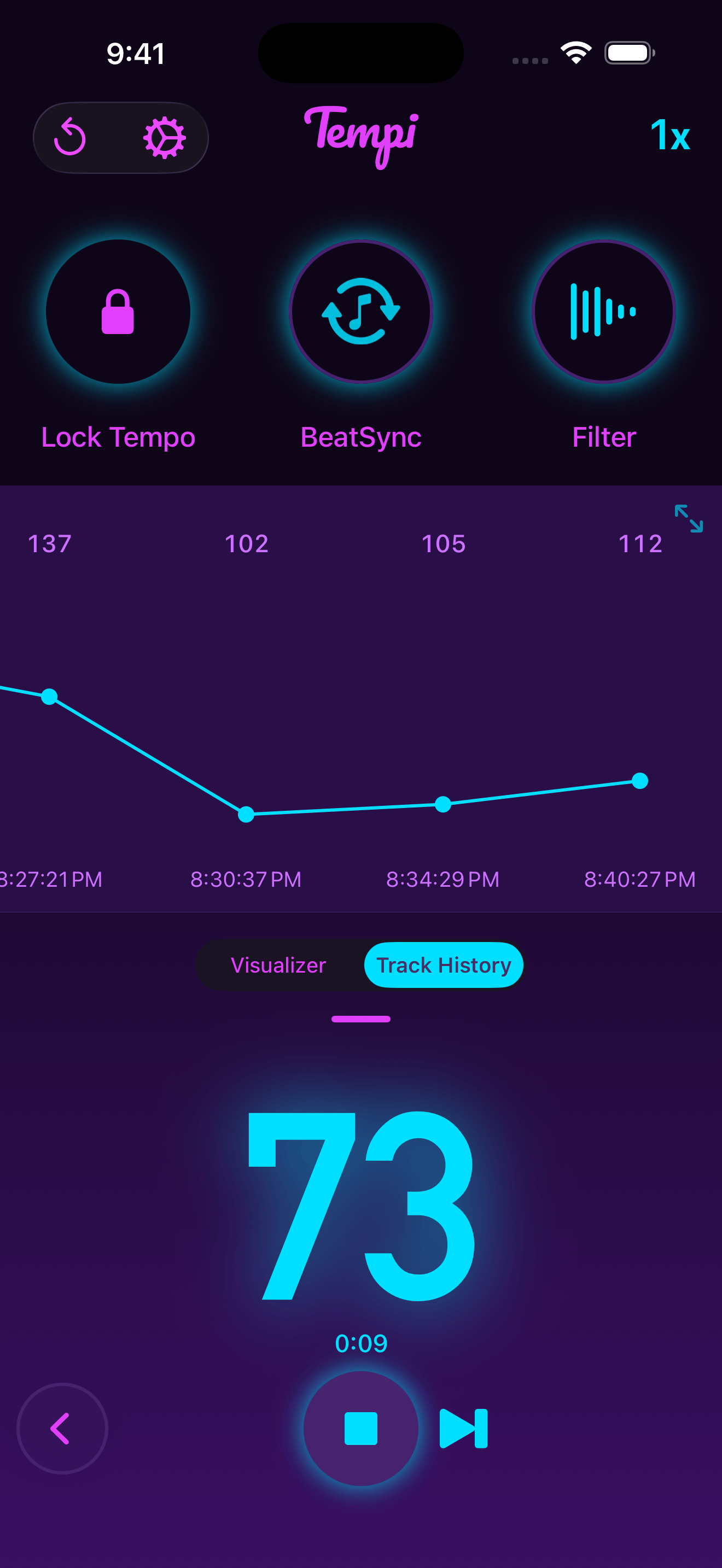 DJ mode showing track history graph with multiple tracks at different BPMs
