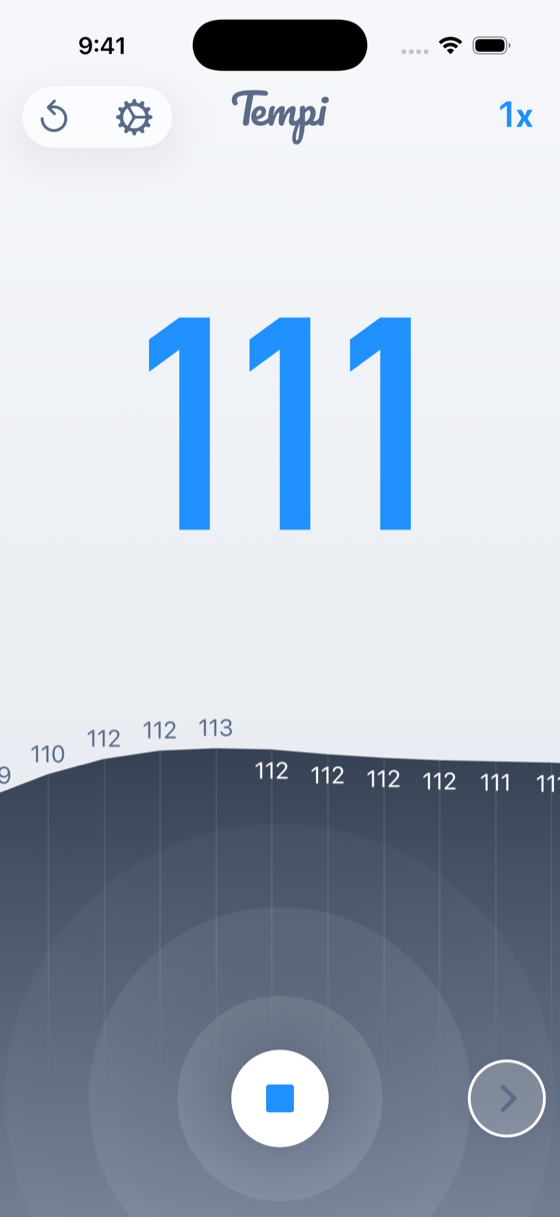 Musician mode while recording, showing BPM of 111 and tempo graph