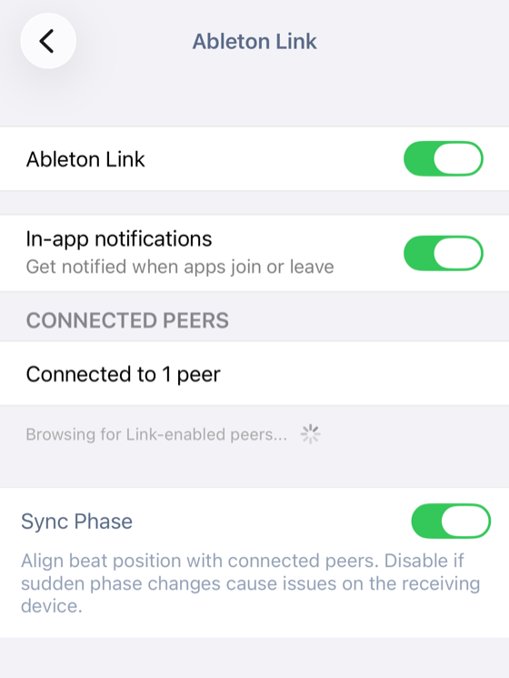 Ableton Link settings showing connection status and Sync Phase toggle