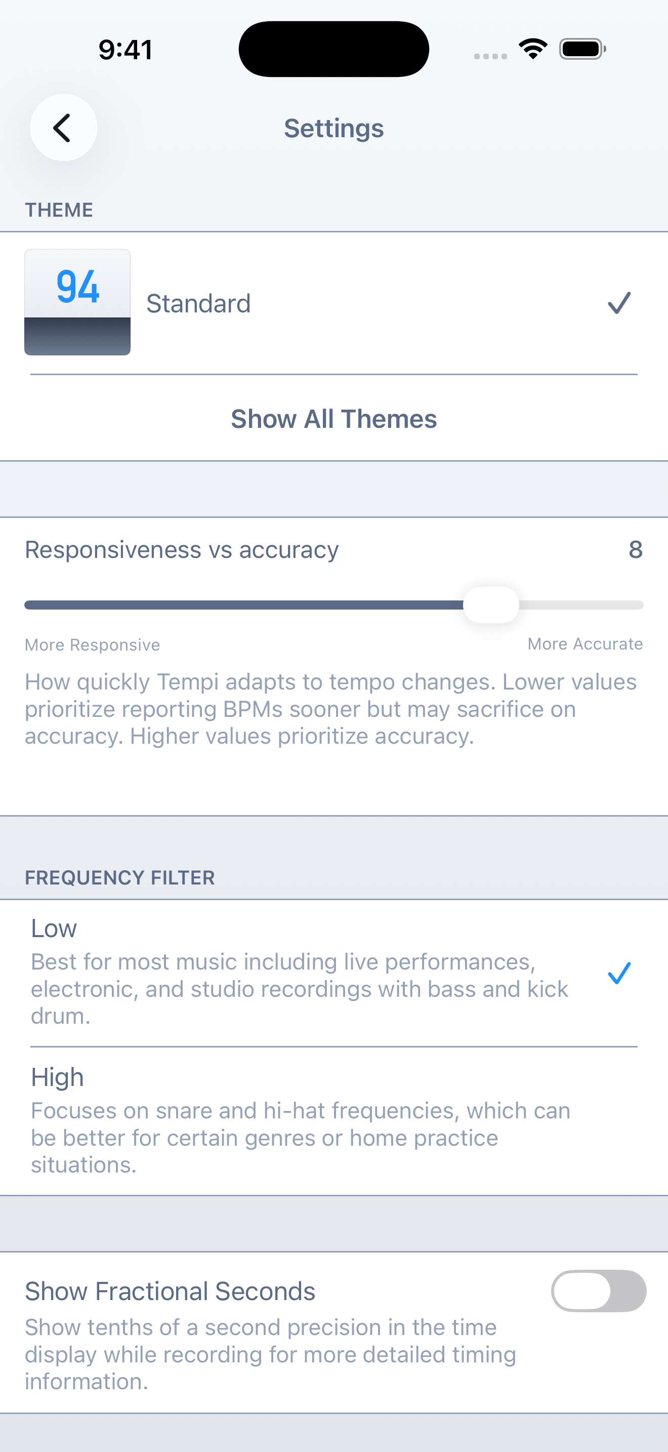 Tempi settings screen showing theme selection, fractional seconds, Ableton Link, and responsiveness slider