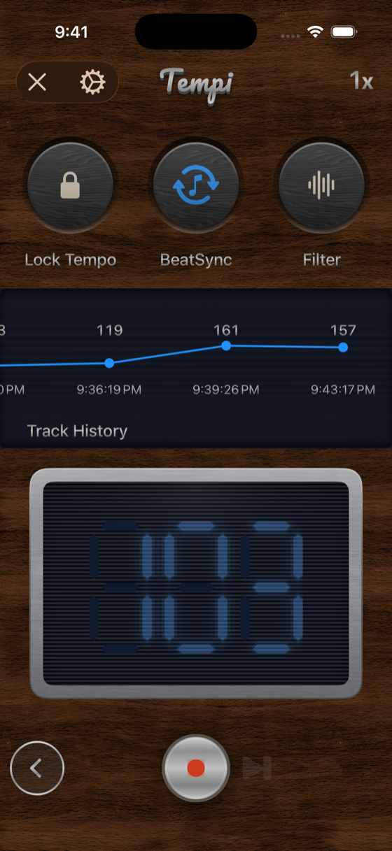 Tempi’s Vinyl theme showing a skeuomorphic DJ interface