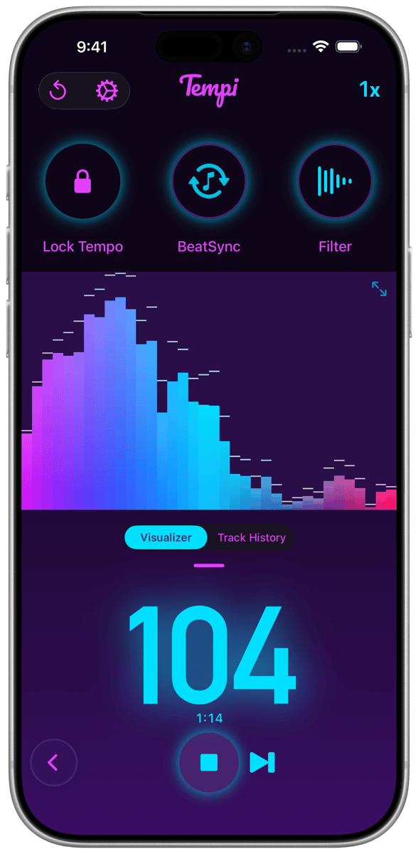 Tempi DJ mode showing the main BPM display, range multiplier, and BeatSync controls