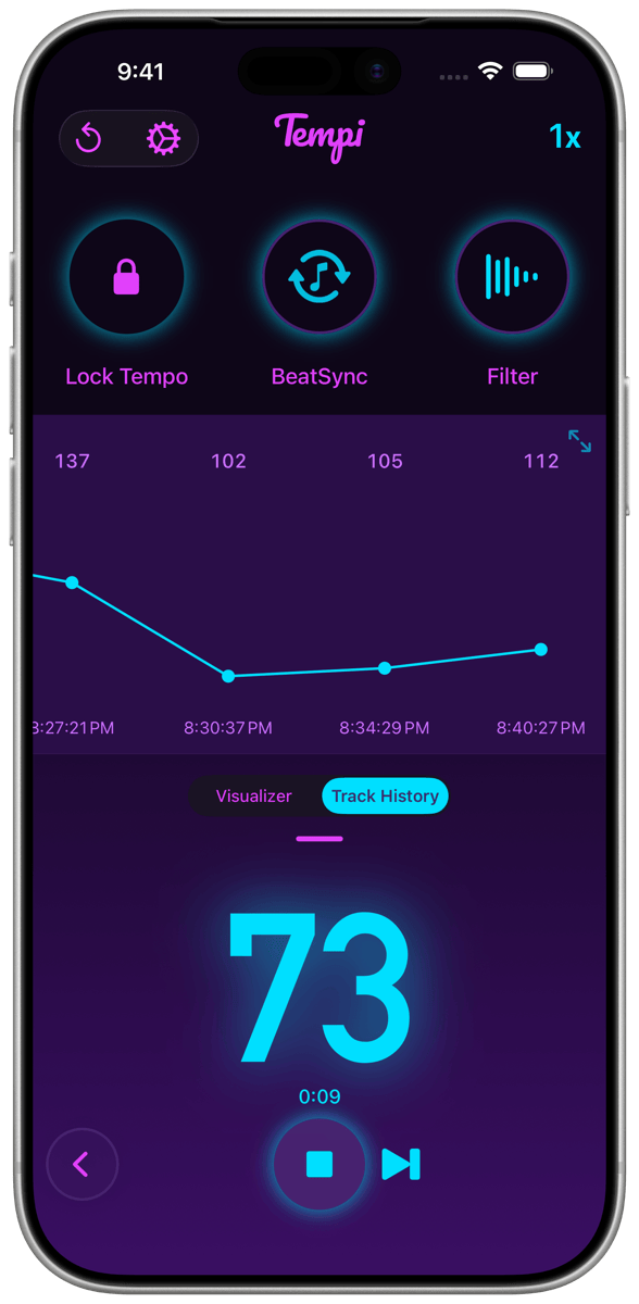 Tempi DJ mode showing track history