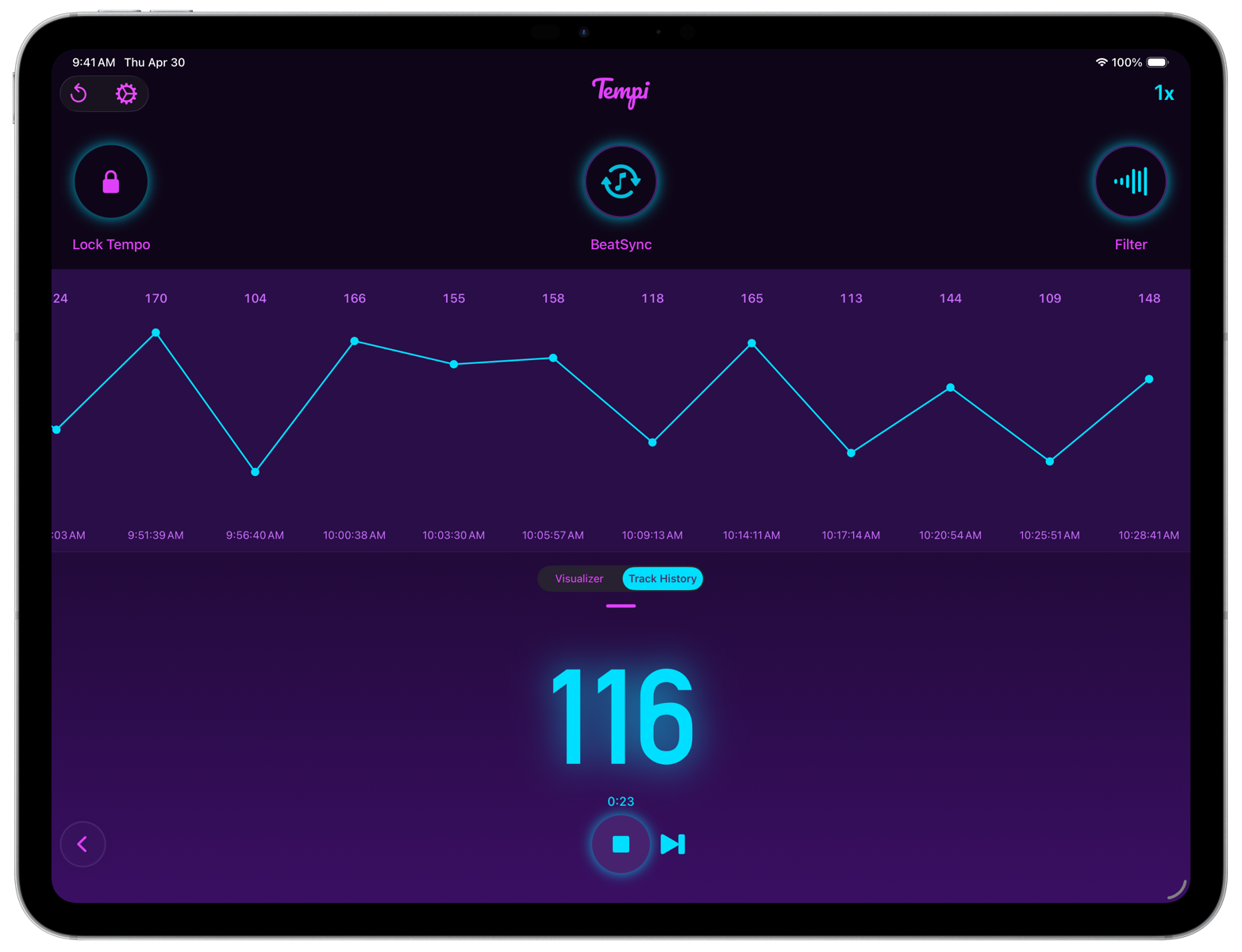 Tempi DJ mode showing the Track History graph with multiple tracks at different BPMs