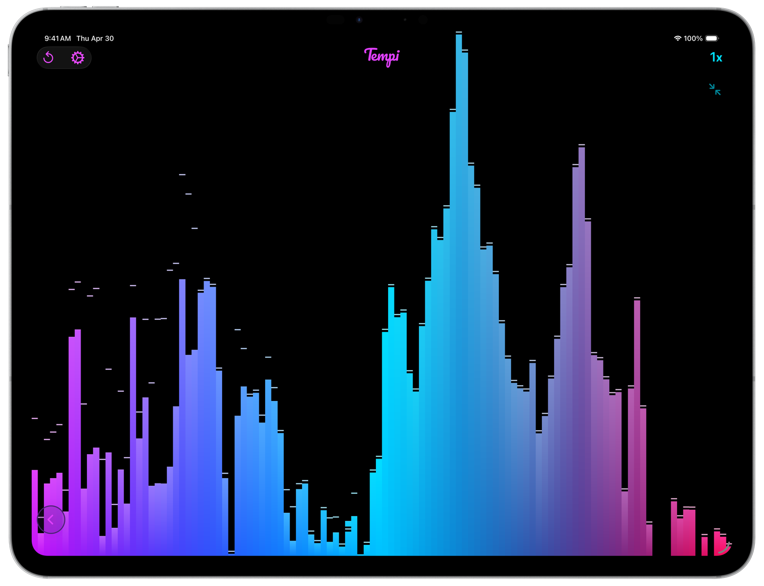 Tempi DJ mode showing the full-screen graphic EQ visualizer